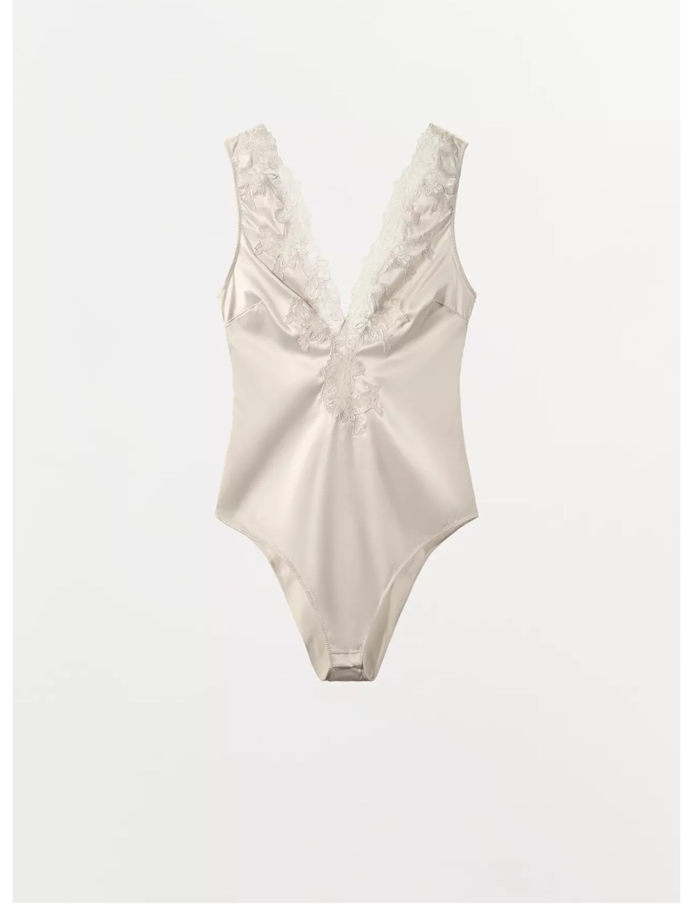 New Zara Lace-Trim Satin Bodysuit in Cream